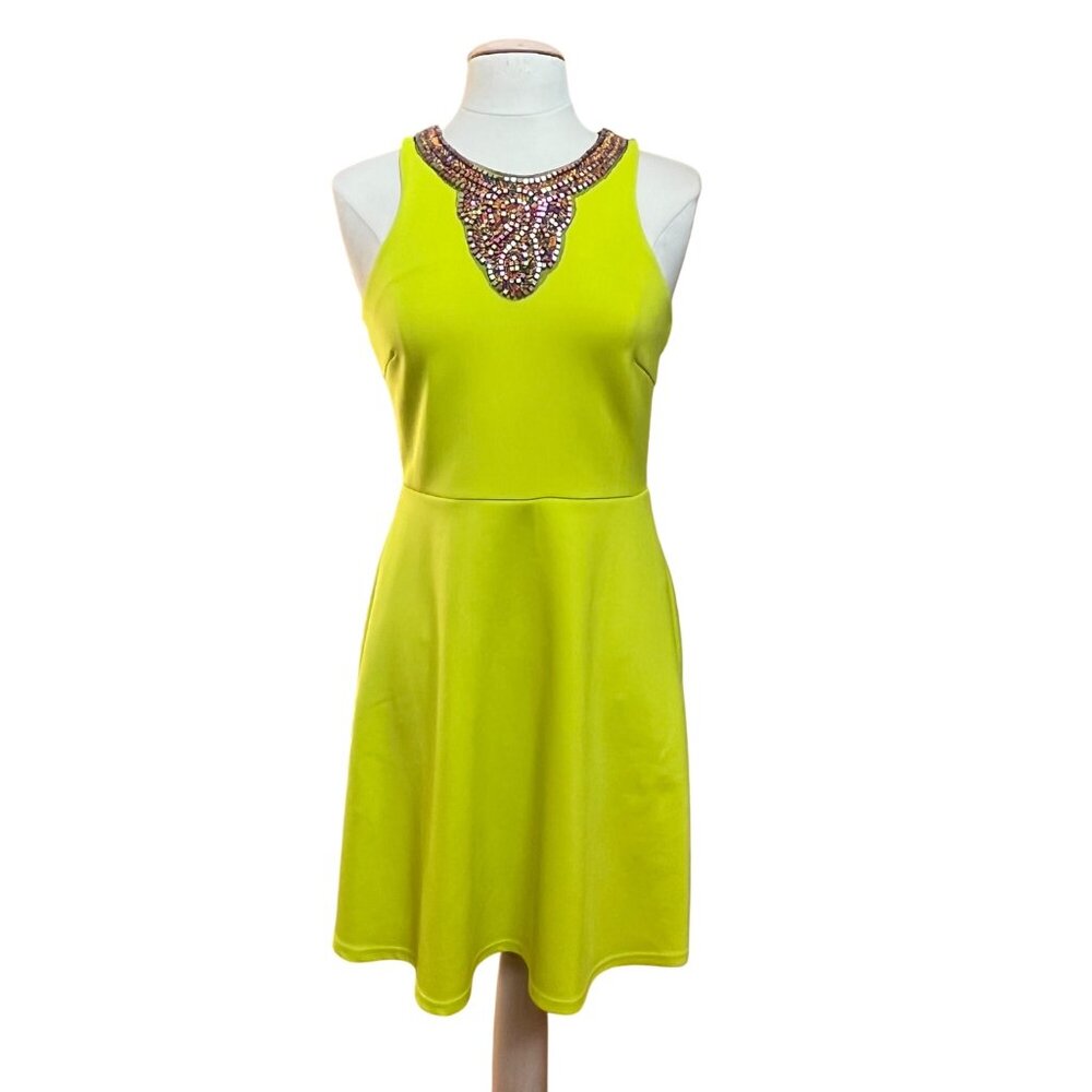 Versona / Spense Neon Yellow Sleeveless Dress Bead Embellished Neckline 6 - READ